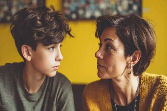una madre y un hijo mirándose. el adolescente representa a un hijo tóxico